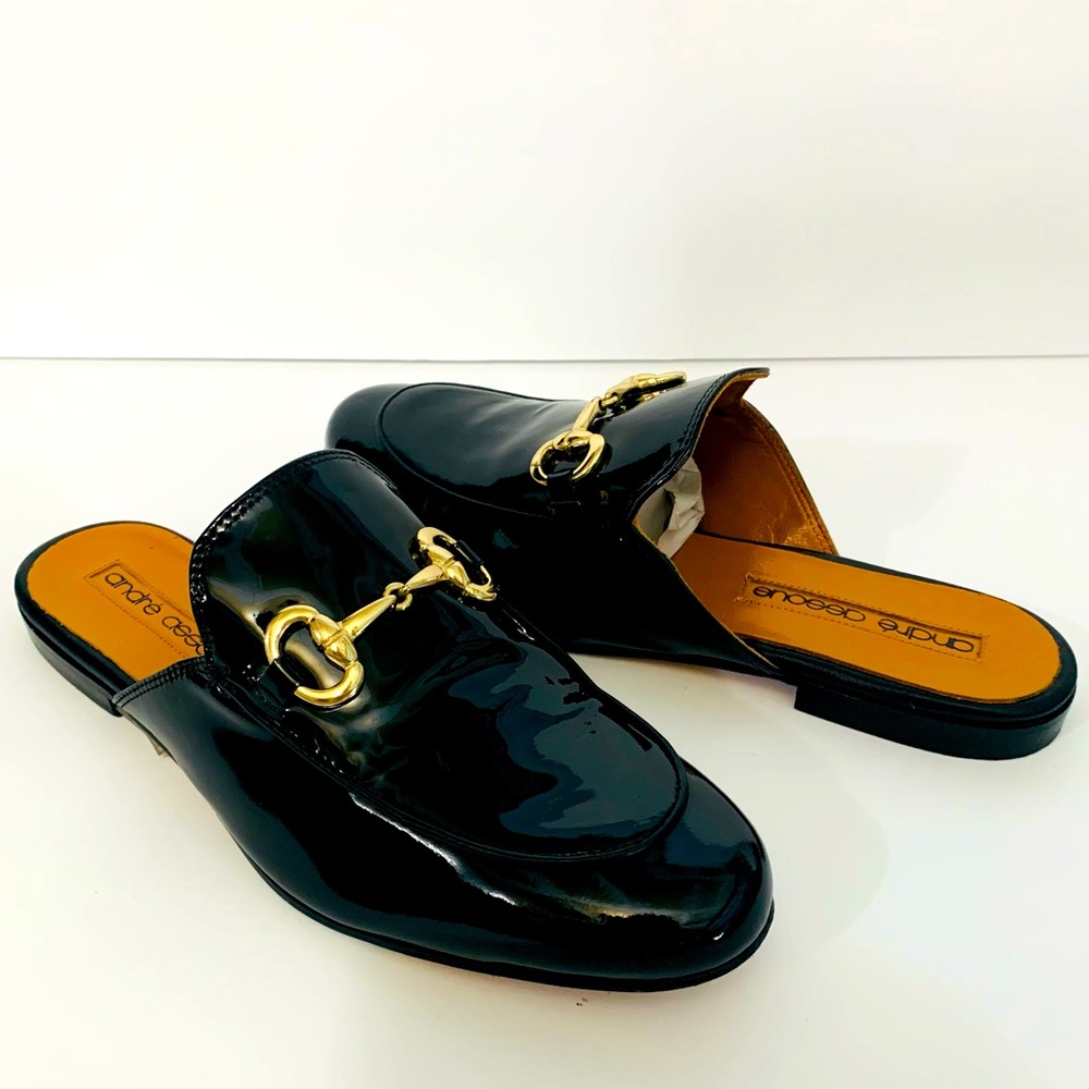 ANDRE ASSOUS Priya Black Mule Slides w Gold Buckle Accent